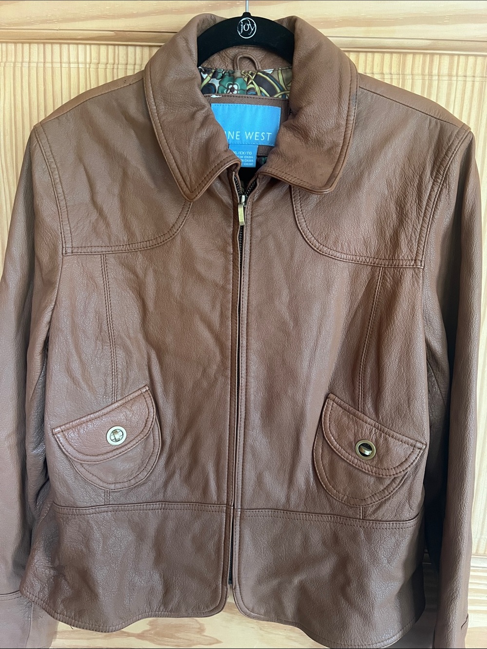 Nine West Brown Leather Zip Jacket with Button-Flap Pockets